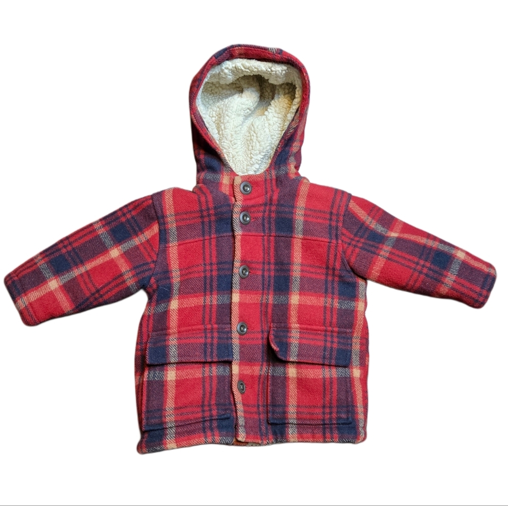 Baby GAP Plaid Sherpa Lined‎ Hooded Jacket 18–24 Months | Red Check Winter Coat